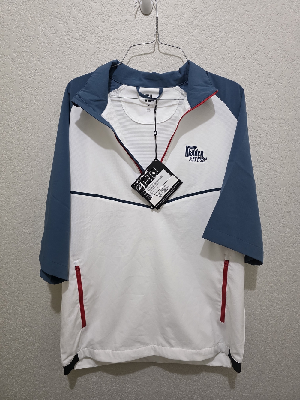 FootJoy White and Blue Short-Sleeve Golf Pullover with Red Zip Accents